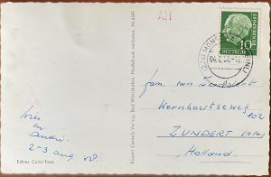 Ansichtkaart Monschau 1958 achterzijde